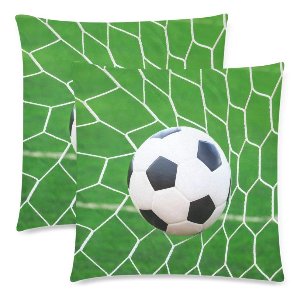 Soccer Football on Net Pillow Case Cover 18x18 Twin Sides for Couch Bed, Sport Ball Zippered Throw Pillowcase Shams Decorative, Set of 2