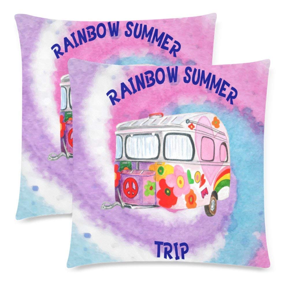 Watercolor Vintage Hippie Camper Trailer Pillow Cushion Case Cover 18x18 Twin Sides, Rainbow Summer Trip Polyester Zippered Throw Pillowcase Protector Decorative, Set of 2