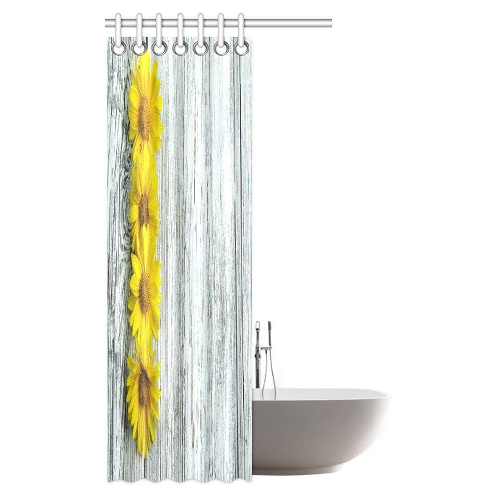 Rustic Shower Curtain, Yellow Daisy Blossom on Vintage Wood Wall Farm Country Style Fabric Bathroom Shower Curtain with Hooks