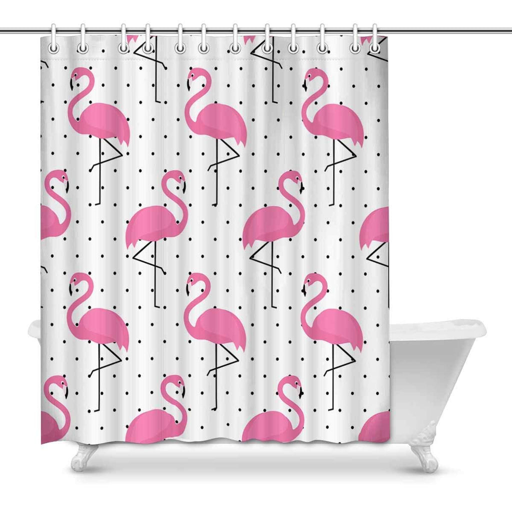 Flamingo Pattern on Polka Dots Fabric Bathroom Shower Curtain Set