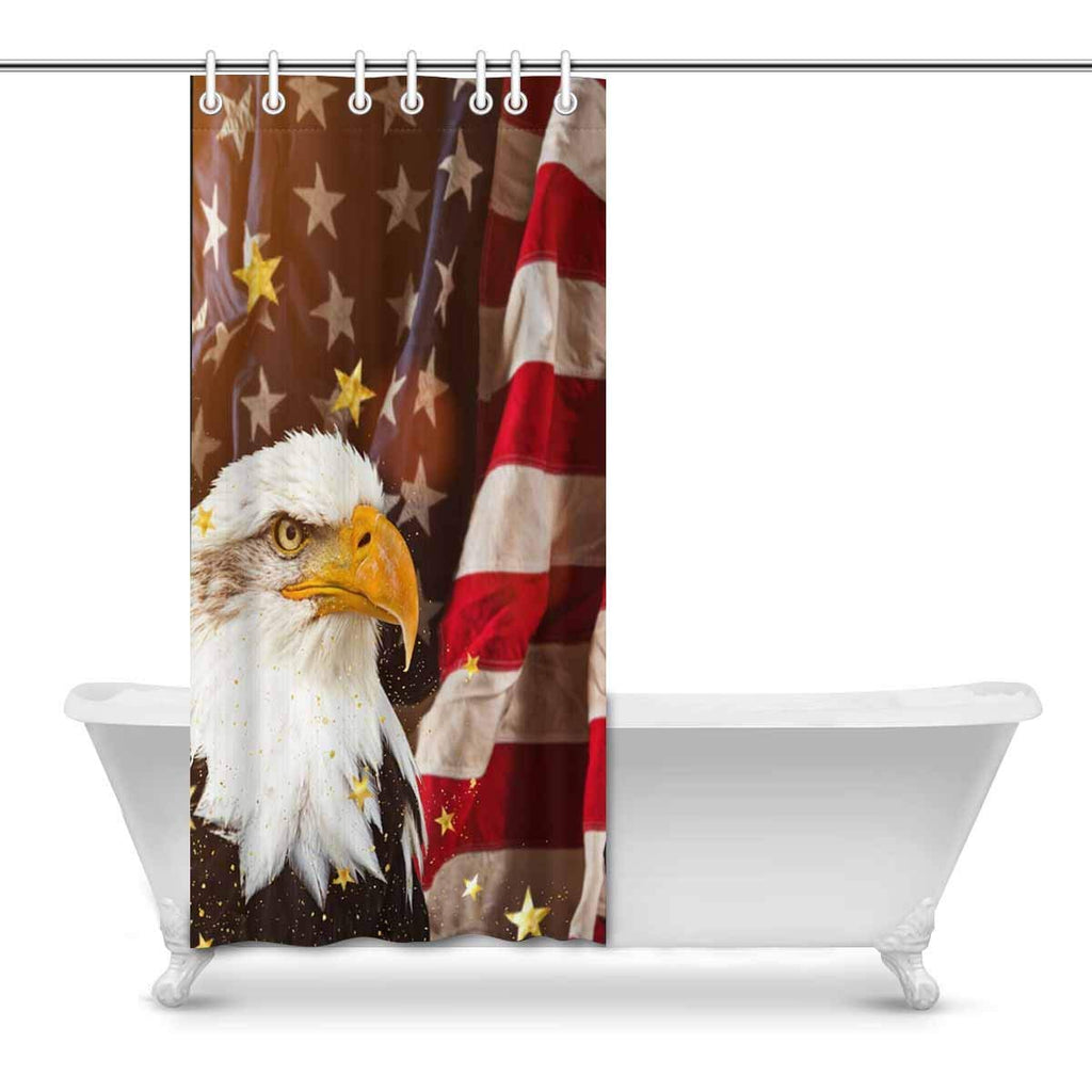 North American Bald Eagle with American Flag Fabric Bathroom Decor Shower Curtain Set with Hooks