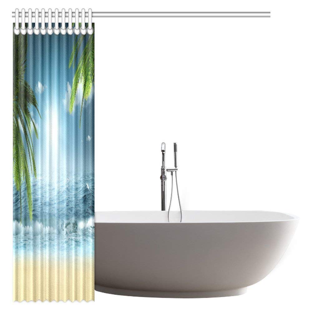 Ocean Beach Theme Decorations Shower Curtain, Beach Sunset Ocean Bathroom Decor Shower Curtain Set with Hooks