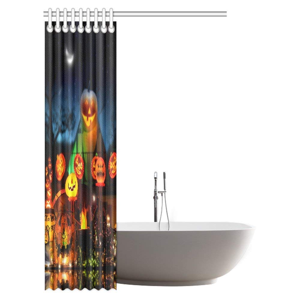 Happy Halloween Decor Shower Curtain Set, Lots of Glowing Lanterns in Fantastical Spooky Environment Fabric Bathroom Shower Curtain