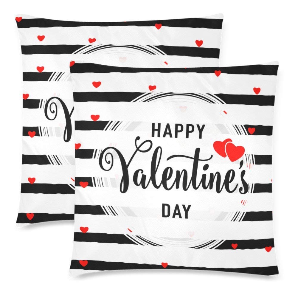 Custom 2 Pack Happy Valentine's Day with Red Heart Throw Pillow Case Covers 18x18 Twin Sides, Black and White Stripe Cotton Zippered Cushion Pillowcase Set Decorative