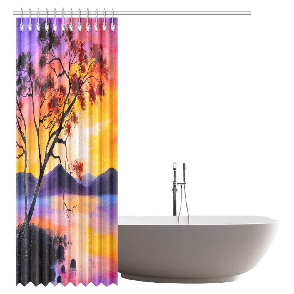 Oil Painting Shower Curtain, Colorful Sunset on the Lake Bathroom Shower Curtain Set with Hooks