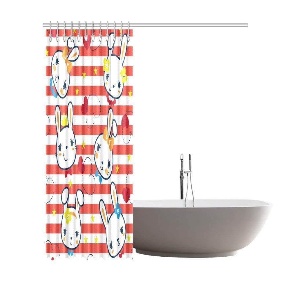 Kids Decor Shower Curtain, Cartoon Cute Little Rabbit Girl Bathroom Shower Curtain Set with Hooks