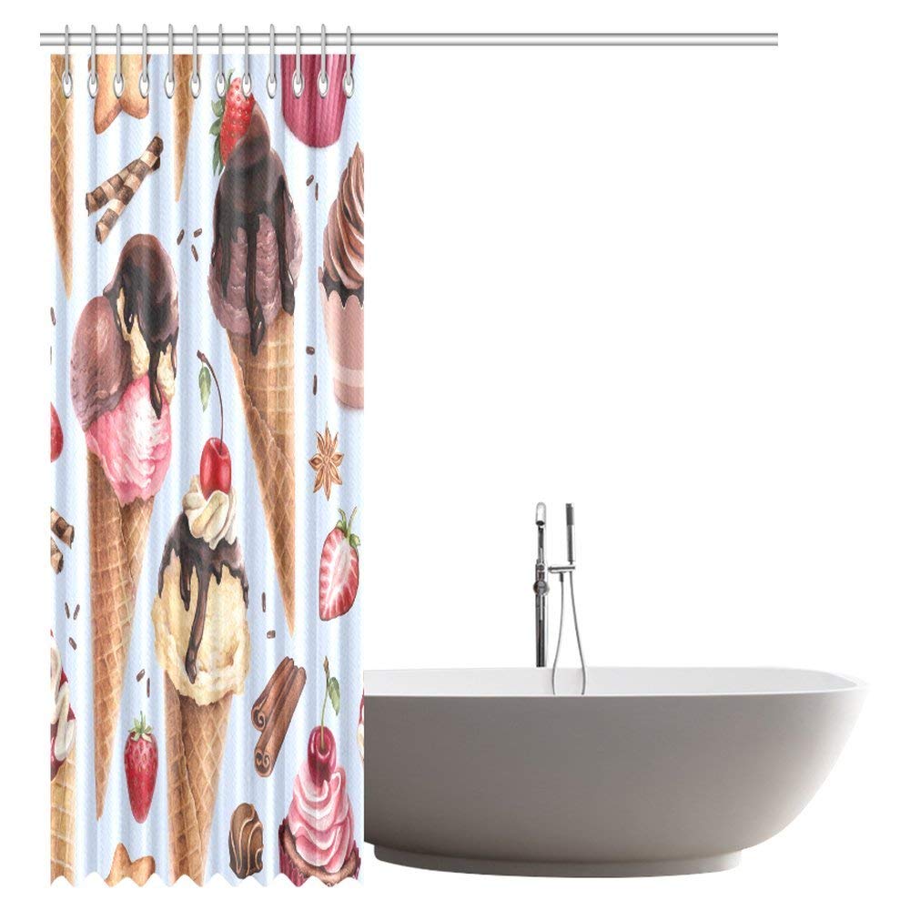 Food Decor Shower Curtain, Cute Print of Ice Cream Cones and Fruit Milk Dessert for Kids Sequal Artwork Fabric Bathroom Shower Curtain