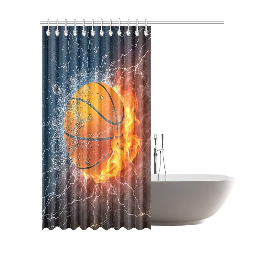 Basketball Ball on Fire and Water Flame Splashing Thunder Lightning Polyester Fabric Bathroom Shower Curtain Bathroom Sets 72 X 72 Inches