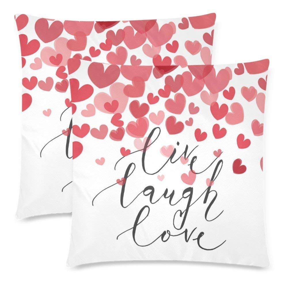 Live Laugh Love Romantic Quote Heart Throw Pillow Case Cushion Covers 18x18, Happy Valentines Day Gift Pillowcase Sets Home Decorative, Set of 2 Cotton Zippered Pillow 