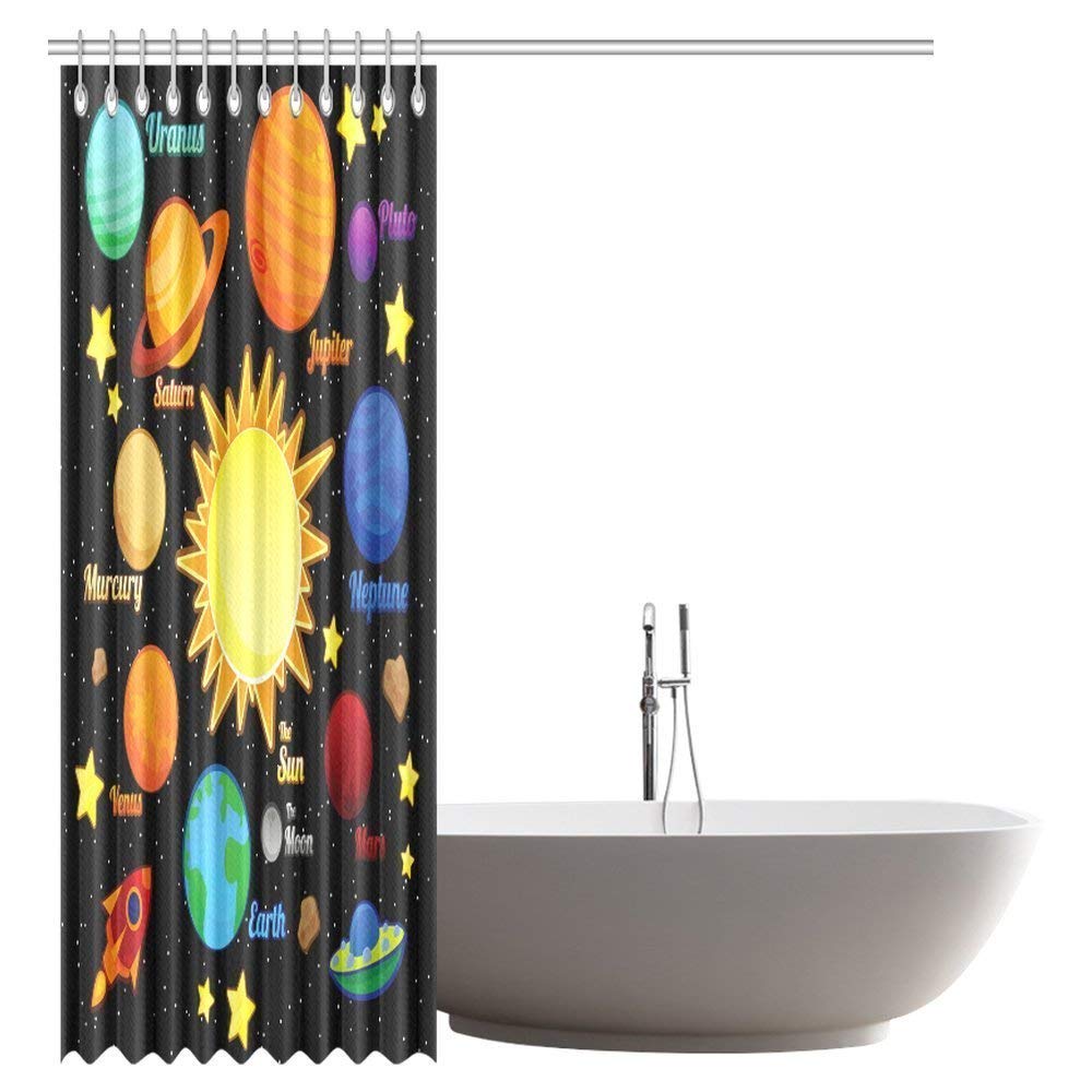 Outer Space Decor Shower Curtain, Solar System of Planets Milk Way Neptune Venus Mercury Sphere Horizontal Bathroom Shower Curtain Set with Hooks