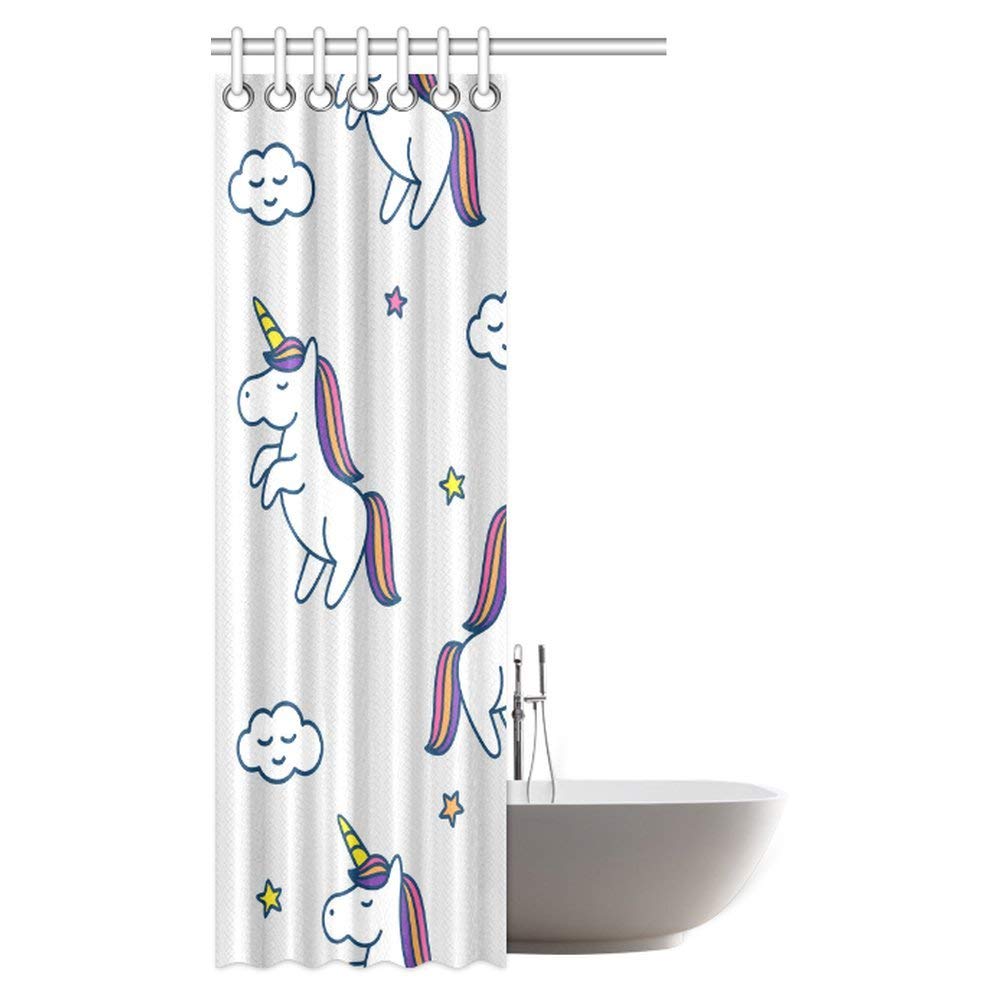 Unicorn Home and Kids Decor Shower Curtain, Set of Unicorns with Stars and Clouds Legendary Creature Kids Cartoon Bathroom Shower Curtain Set with Hooks