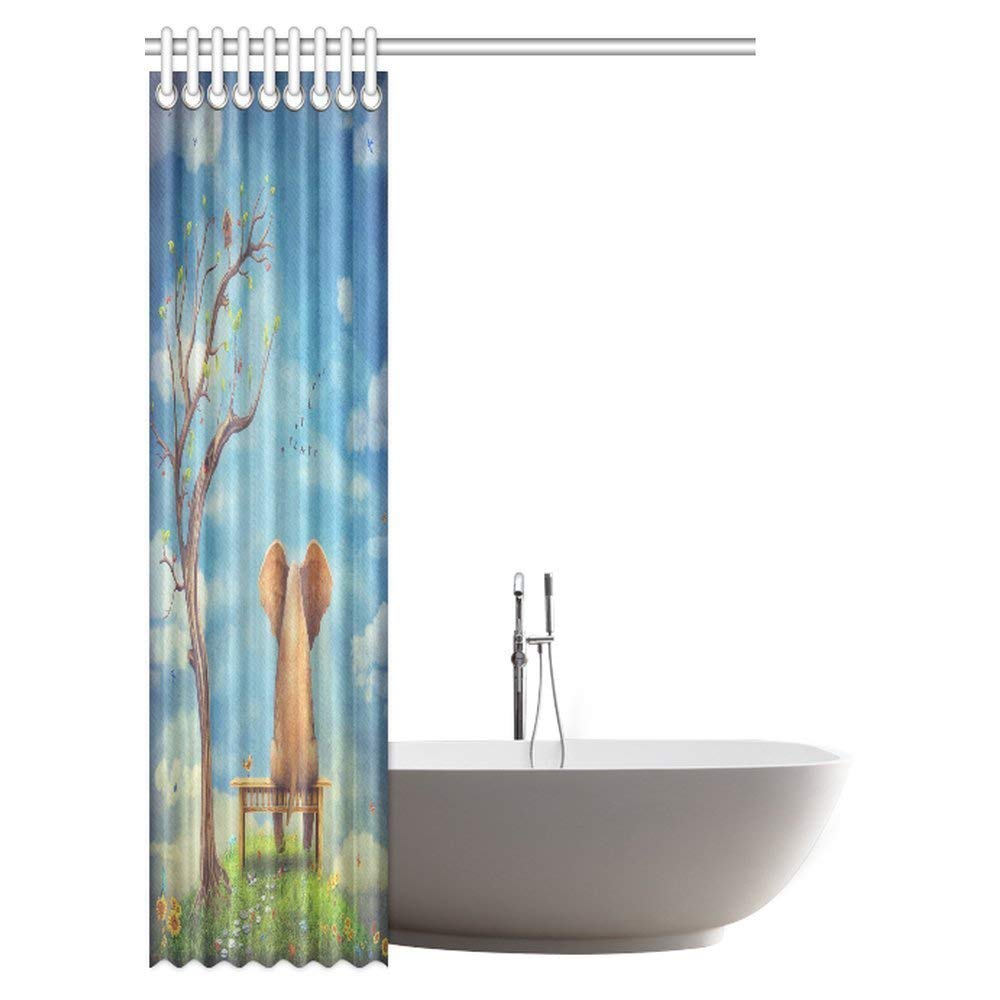 Fantasy House Decor Shower Curtain, Sad Elephant Sitting on a Bench on the Glade Fabric Bathroom Set