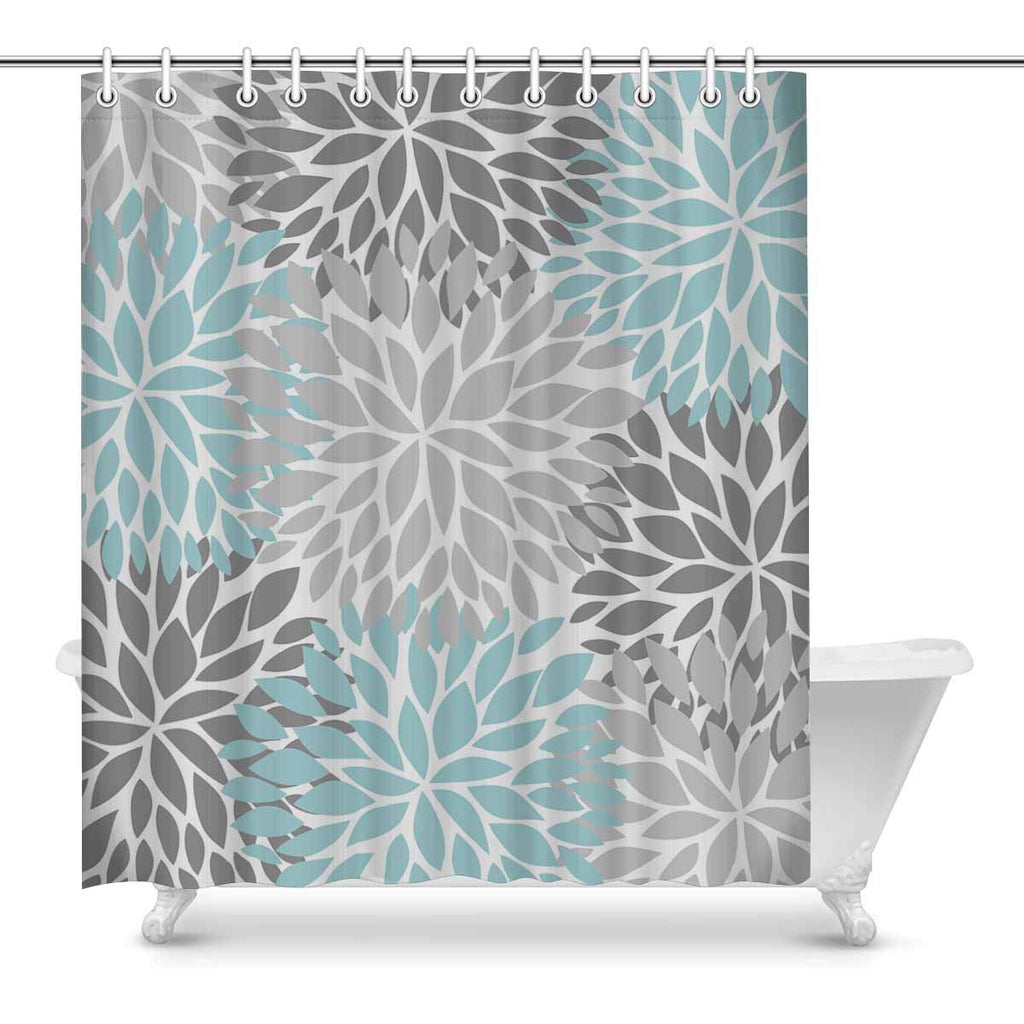 Dahlia Pinnata Flower Light Blue and Gradient Gray House Decor Shower Curtain for Bathroom Decorative Bathroom Shower Curtain Set with Rings