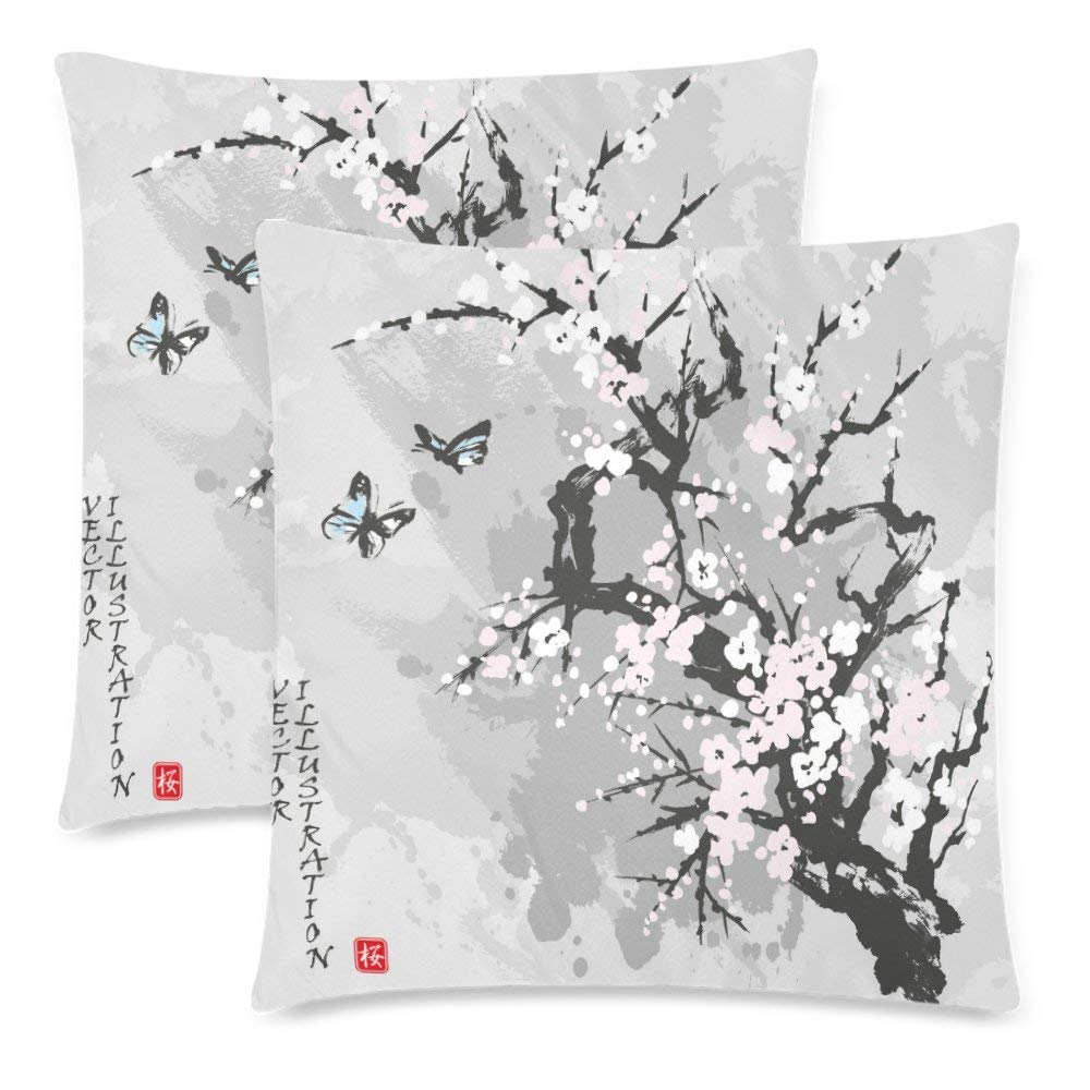 Custom 2 Pack Spring Sakura Cherry Blossom Throw Pillow Case Covers 18x18 Twin Sides, Japanese Flower Cotton Zippered Cushion Pillowcase Set Decorative