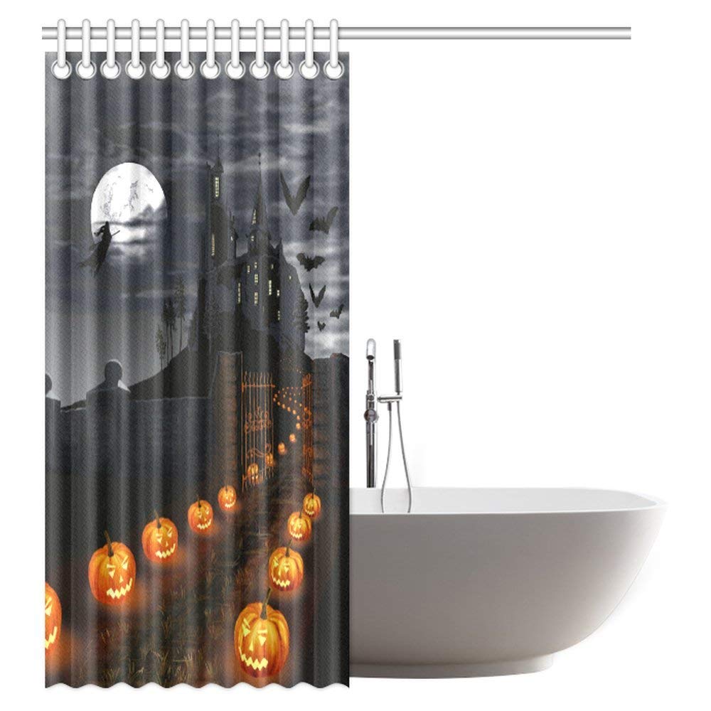 Creative Halloween Castle with Pumpkins Shower Curtain, Witch Flying in Full Moon Night Bathroom Shower Curtain with Hooks