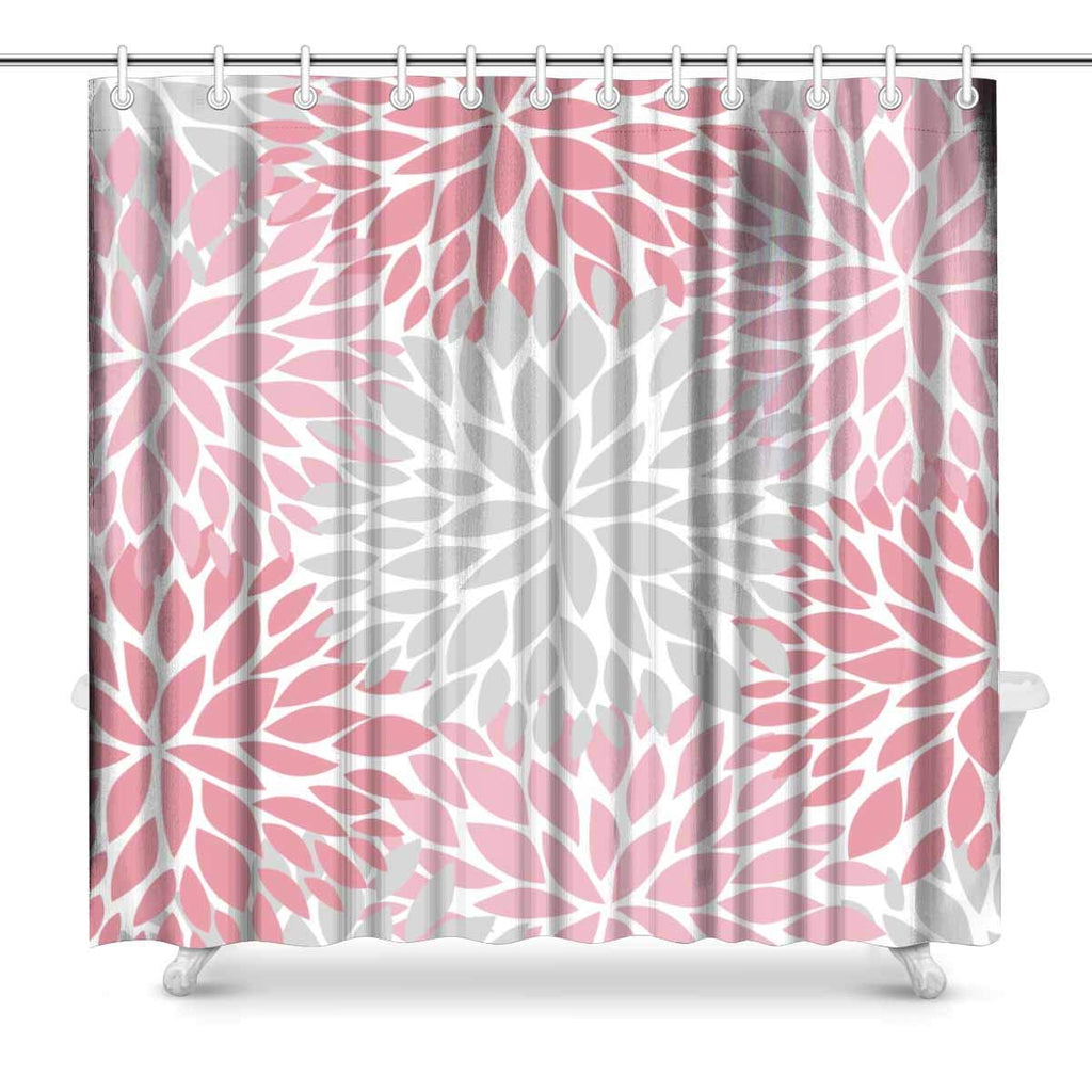 Dahlia Pinnata Flower Gray and Gradient Pink Waterproof Shower Curtain Decor Fabric Bathroom Set with Hooks