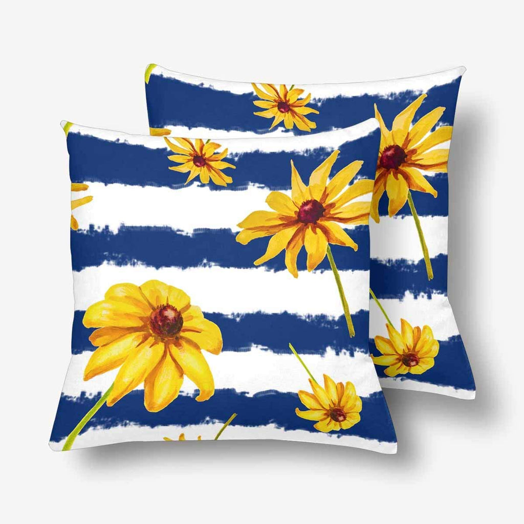 Daisy Striped Nautical Watercolor Wild Summer Flowers Pillowcase Throw Pillow Covers 18x18 Set of 2, Pillow Sham Cases Protector for Home Couch Sofa Bedding Decorative