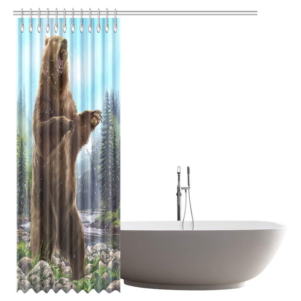 Funny Animal Shower Curtain, Hipster Aggressive Bear Wild Animal in the Forest Decor Bathroom Shower Curtain Set with Hooks