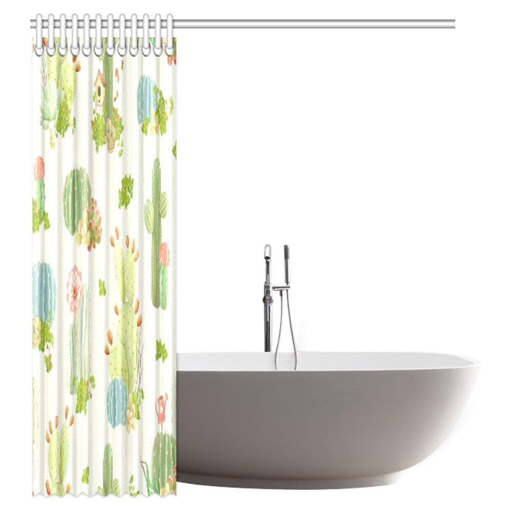 Cactus Decor Shower Curtain, Nature Flowers Cactus and Succulents Plants Art Print Fabric Bathroom Decor Shower Curtain Set with Hooks