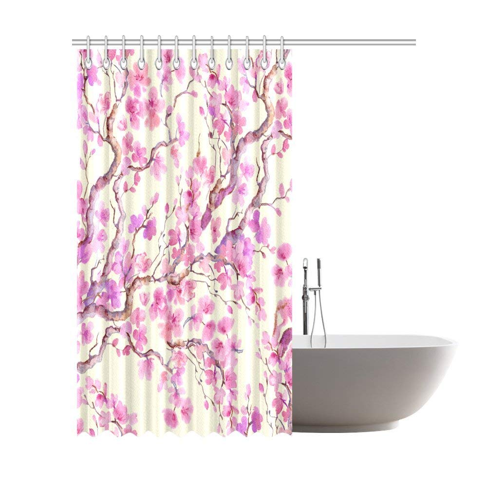 Cherry Blossom Flowers Painting House Decor Shower Curtain for Bathroom, Floral Decorative Bathroom Shower Curtain Set with Rings