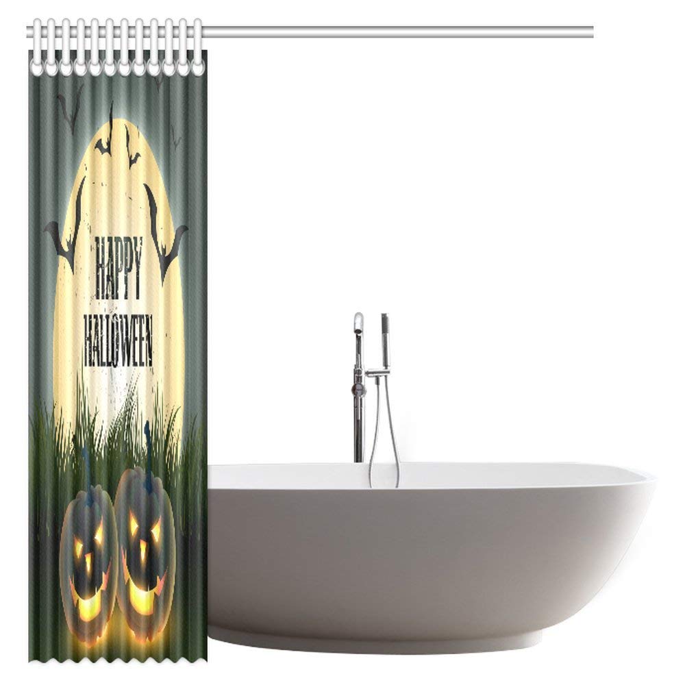 Halloween Shower Curtain, Halloween Themed Asymmetric Caste with Scary Bats and Ghosts Full Moon Bathroom Shower Curtain Set with Hooks