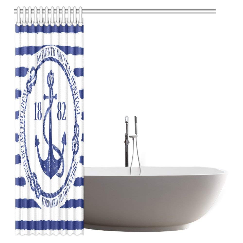 Nautical Theme Decor Shower Curtain, Blue White Nautical Emblem with Anchor Bathroom Shower Curtain Set with Hooks