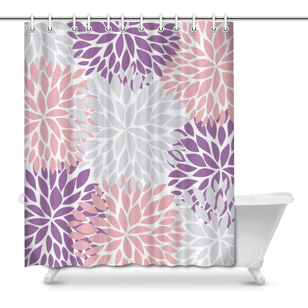 Dahlia Pinnata Flower Gray Purple and Light Pink Waterproof Shower Curtain Decor Fabric Bathroom Set with Hooks