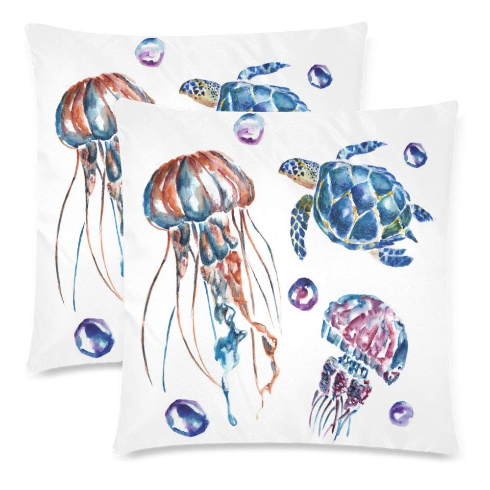 2 Pack Set with Jellyfish and Turtle Throw Cushion Pillow Case Cover 18x18 Twin Sides, Watercolor Animal Fish Zippered Pillowcase Set Shams Decorative