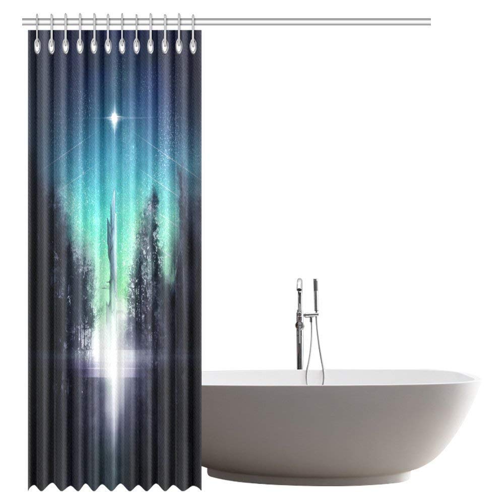 Spacecraft Taking Off Towards Distant Stars in Forest Bathroom Shower Curtain Set with Hooks