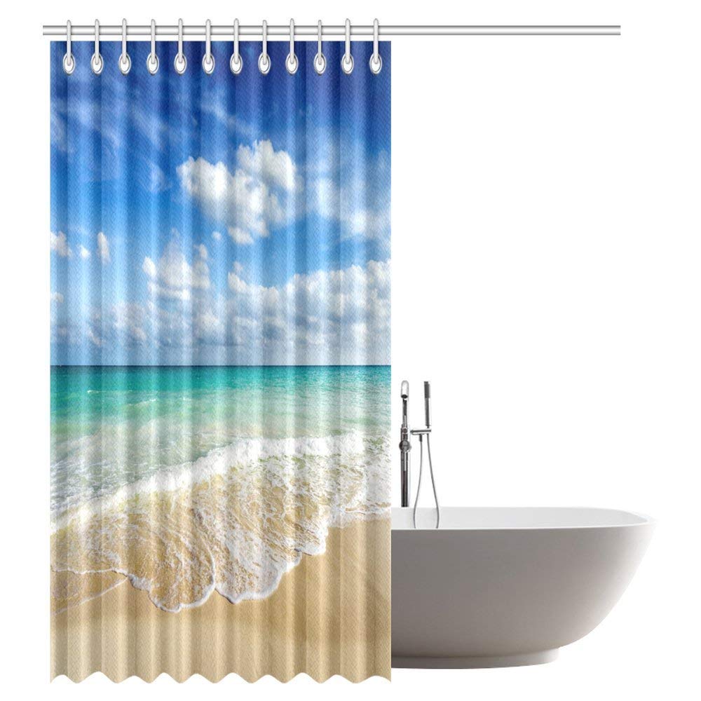 Beach Ocean Theme Shower Curtain, Wavy Ocean Surface Scenery Polyester Fabric Mildew Resistant And Waterproof Bath Curtains, 69 By 84 Inches