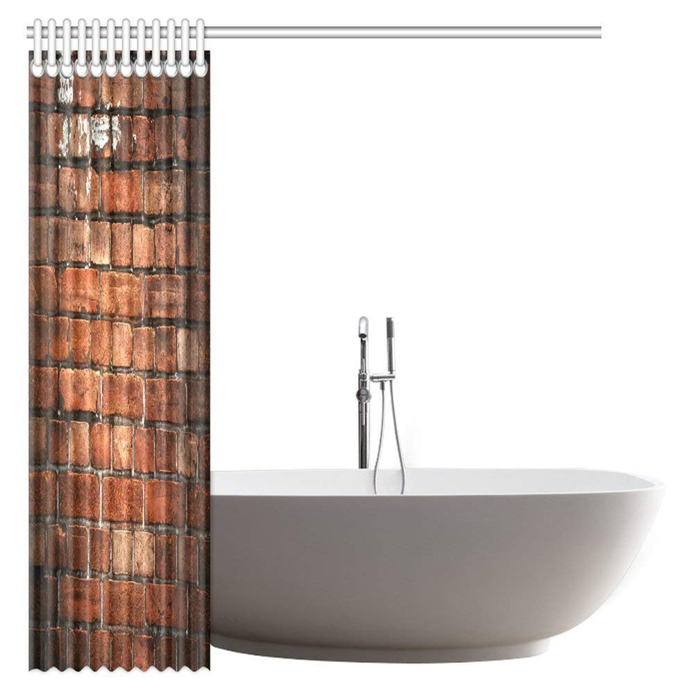 Rustic Home Decor Shower Curtain, Ancient Retro Old Fashioned Uneven Red Brick Wall Fabric Bathroom Set with Hooks