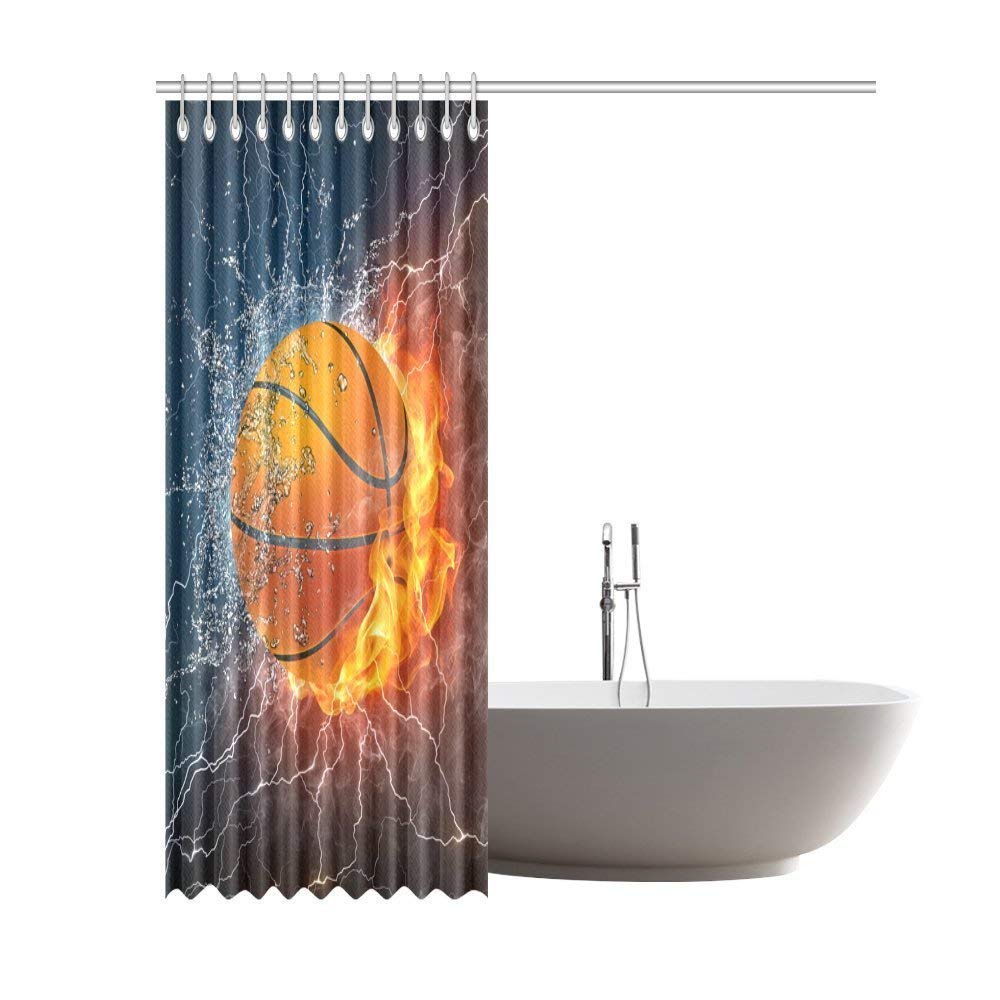 Basketball Ball on Fire and Water Flame Splashing Thunder Lightning Polyester Fabric Bathroom Shower Curtain Bathroom Sets 69 X 84 Inches