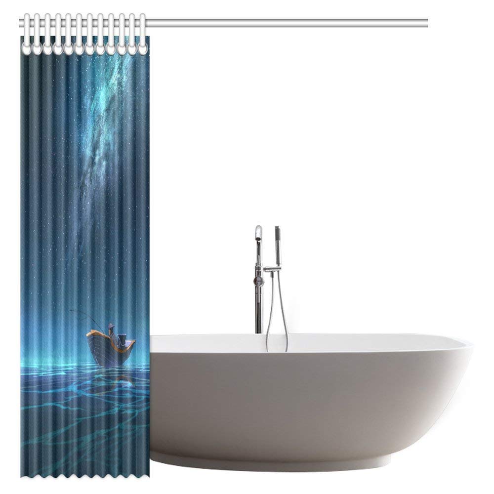 Fantasy Art House Decor Shower Curtain, Fisherman in Boat at Night with Milky Way Nebula Space Star Ocean Fabric Bathroom Shower Curtain