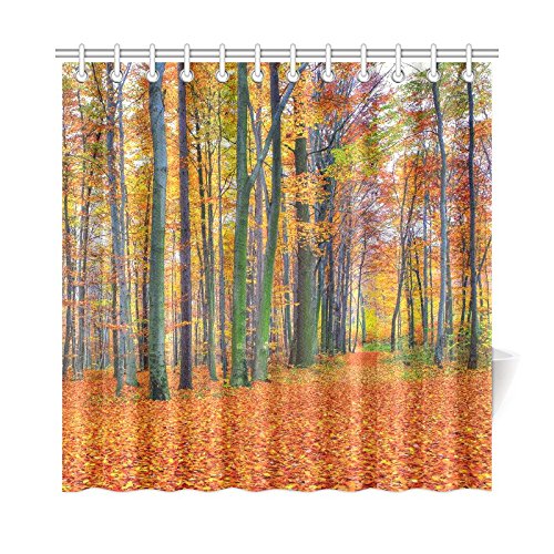 Autumn Landscape Home Bath Decor, Yellow Red Leaves Forest Polyester Fabric Shower Curtain Bathroom Sets