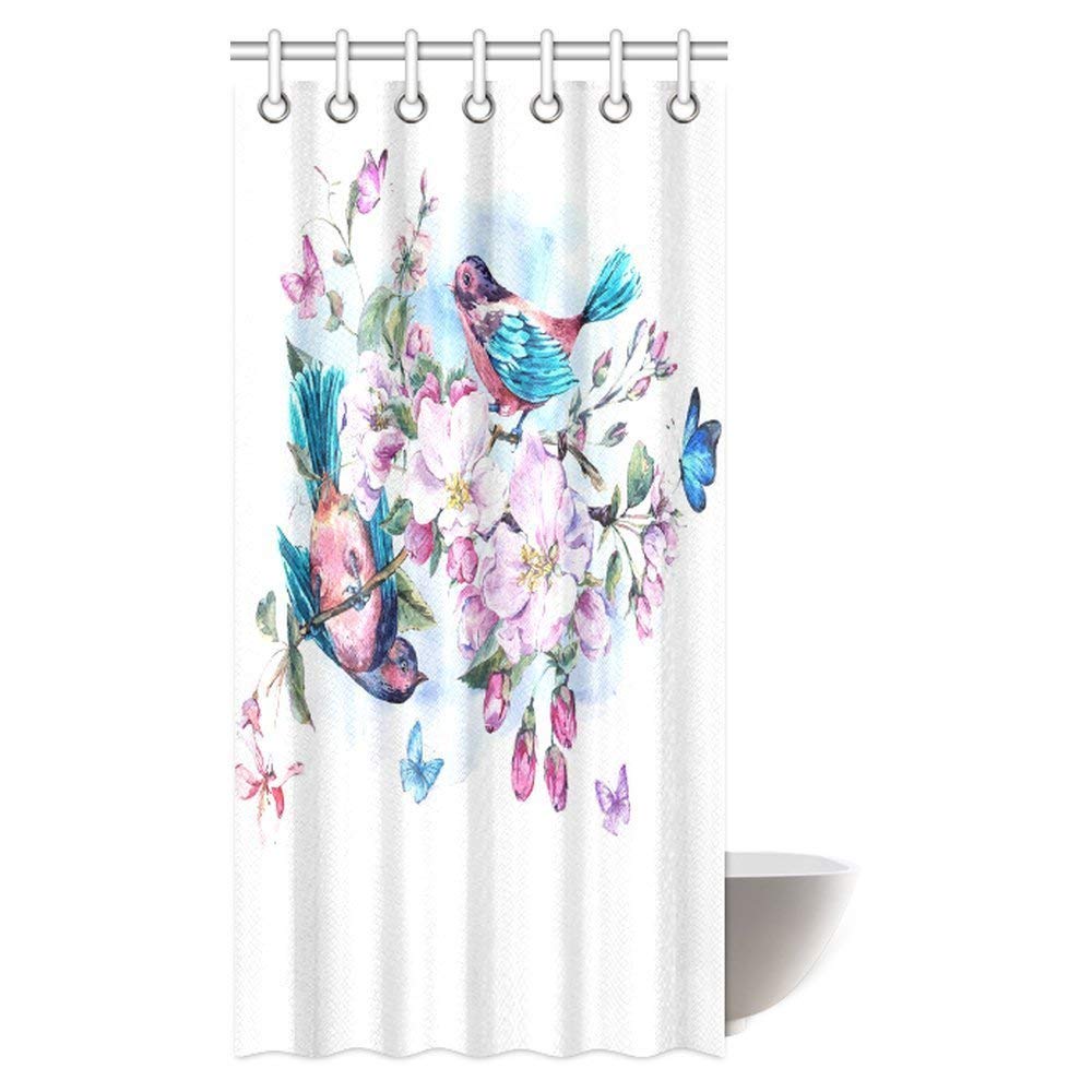 Watercolor Shower Curtain, Vintage Garden Pink Flowers Blooming Branches of Peach, Pear, Apple Trees, Birds and Butterflies Bathroom Set with Hooks