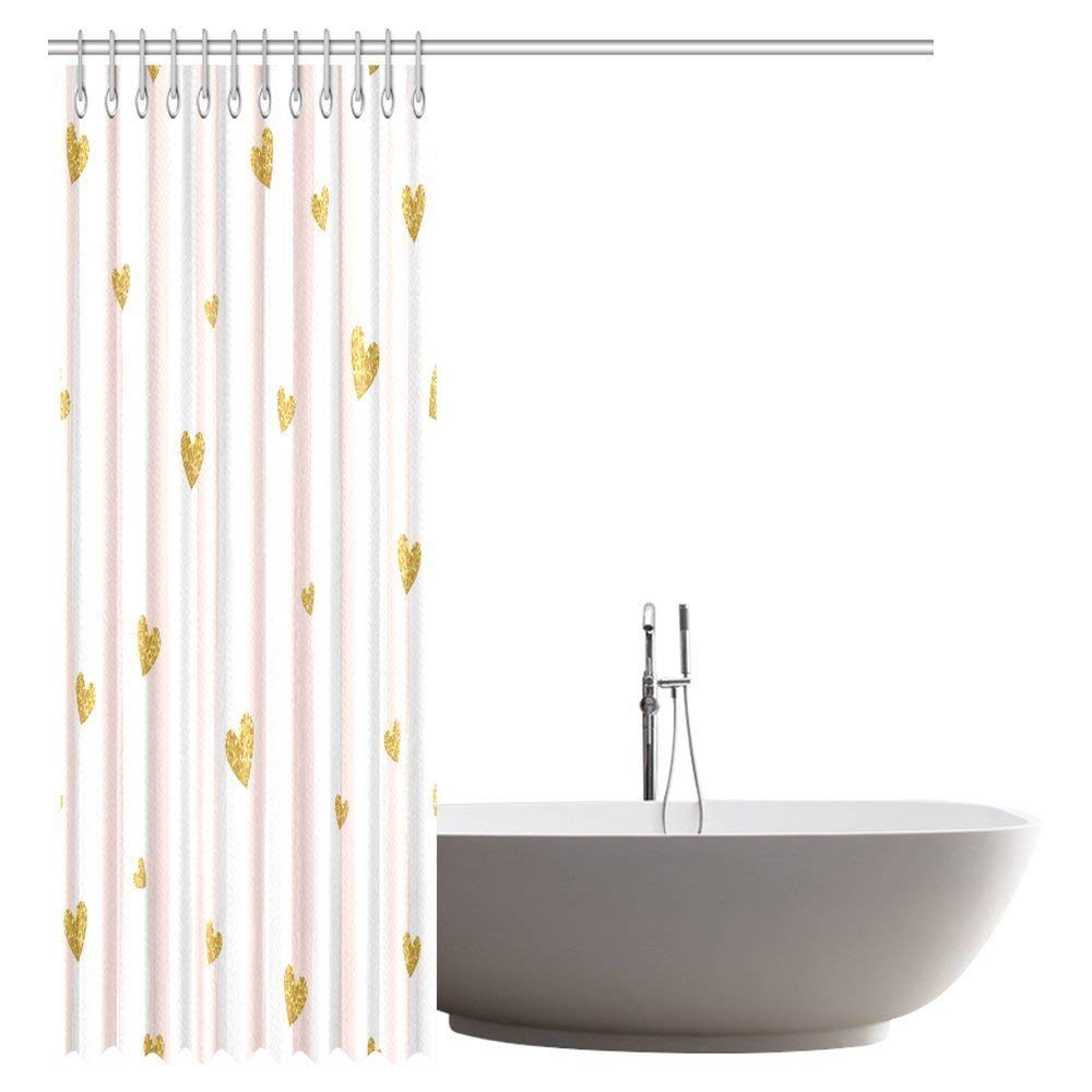 Pink White Striped Decorations Shower Curtain, Gold Glittering Heart Confetti Pattern Bathroom Decor Shower Curtain Set with Hooks