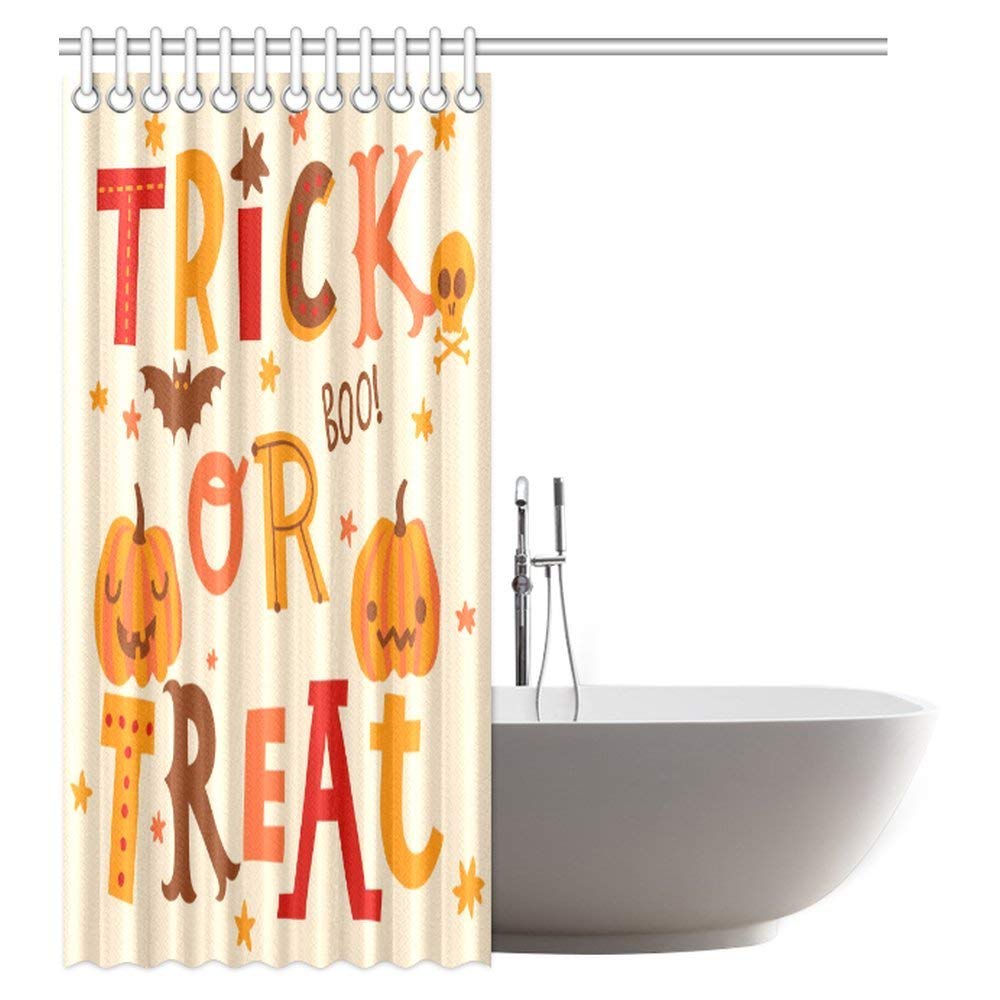 Halloween Decor Shower Curtain, Cute Trick or Treat in Cartoon Style Fabric Bathroom Shower Curtain Set with Hooks