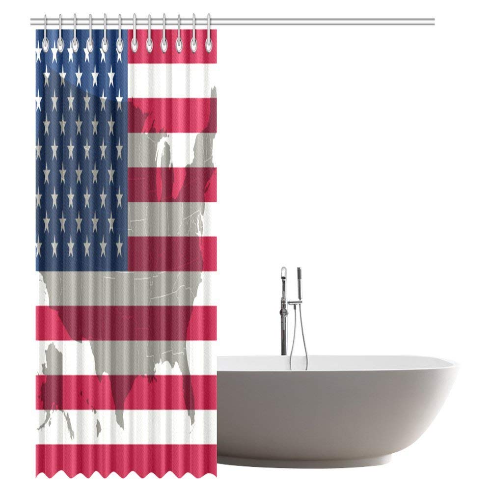 American USA Flag and Map Decor, USA Flag Patriotism Painted Looking Background Design, Polyester Fabric Bathroom Shower Curtain Set with Hooks, Blue Red, 69 X 84 Inches 