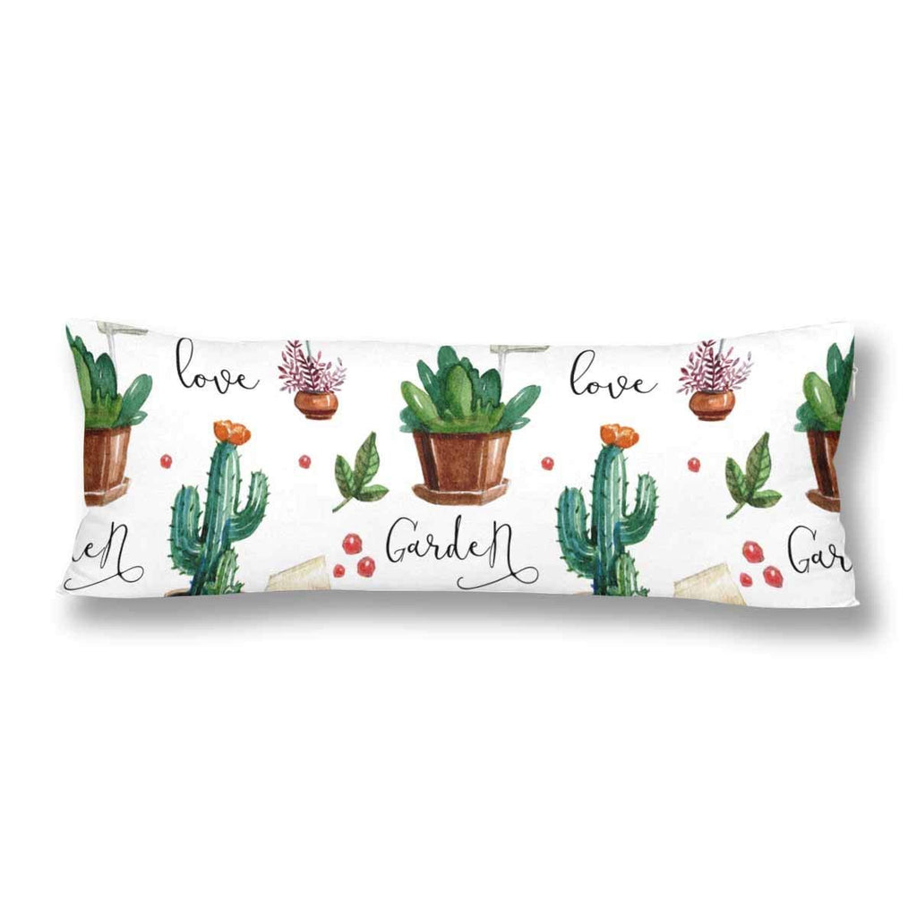 Watercolor Flower Pots Love Cactus Leaves Body Pillow Covers Pillowcase 21x60 Twin Sides