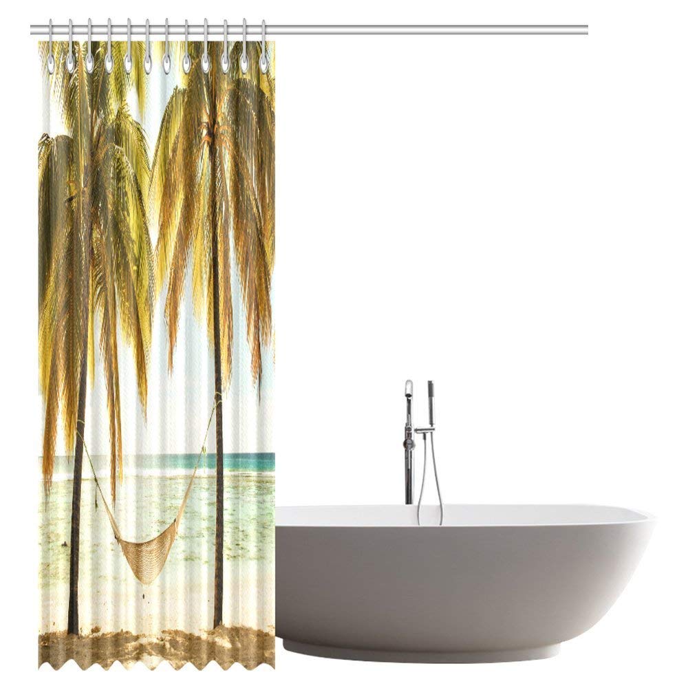 Beach Hammock Decor Shower Curtain, Seascape Hammock Palm Trees on Shore Tropical Beach Sunset Fabric Bathroom Shower Curtain Set with Hooks