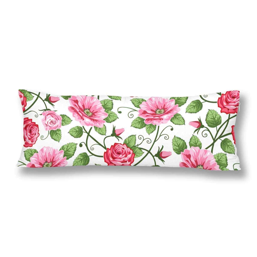 Seamless Pink Roses Leaves Pattern Body Pillow Covers Pillowcase with Zipper 21x60 Twin Sides