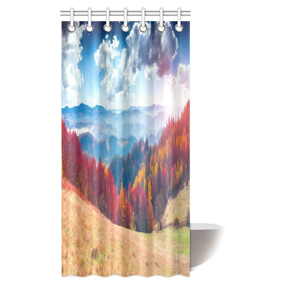 Colorful Autumn Foggy Morning Landscape in Carpathian Mountain Village Bathroom Shower Curtain Set with Hooks