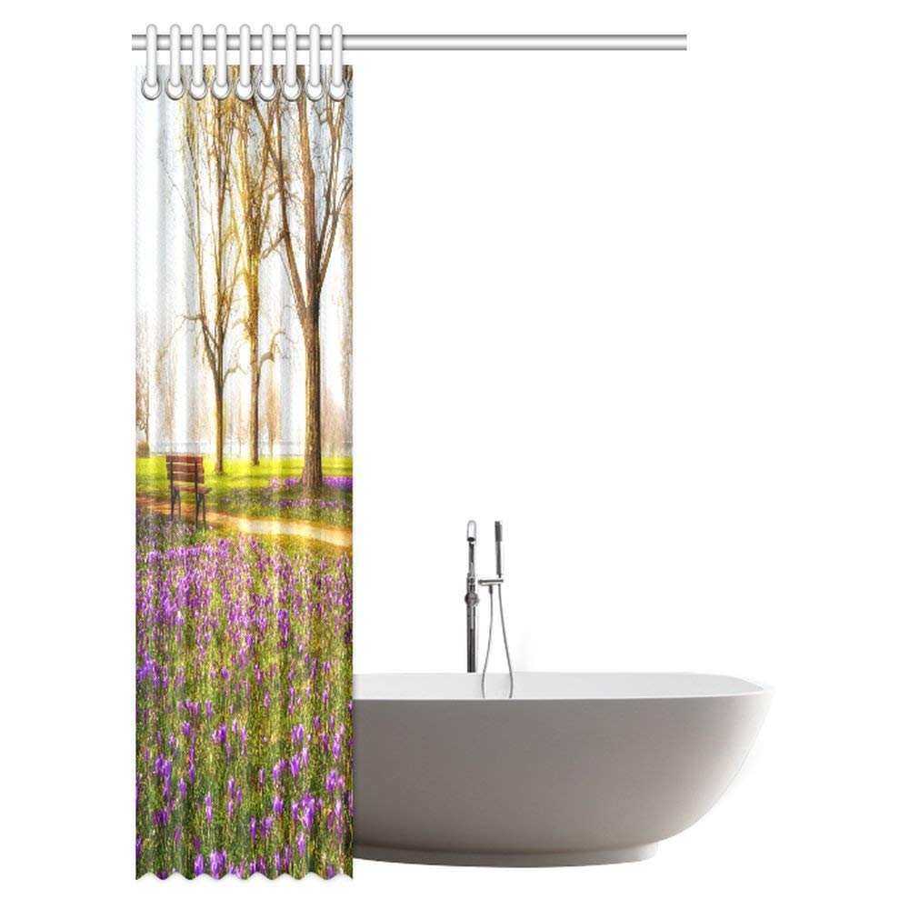 Farm House Shower Curtain, Violet Blooming Crocus Flowers in the Park with Trees and Benches Calm Zone Fabric Bathroom Shower Curtain with Hooks