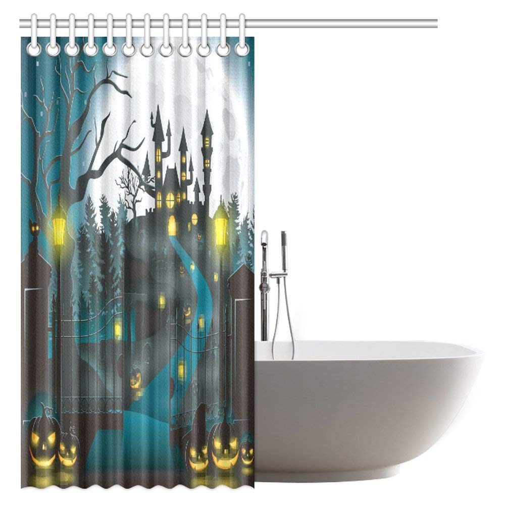 Halloween Decor Shower Curtain, Cartoon Halloween With Castle And Pumpkin Fabric Bathroom Shower Curtain With Hooks