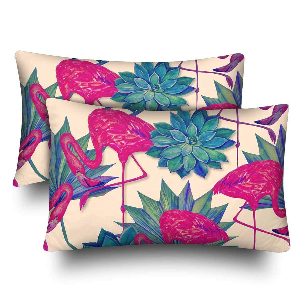 Watercolor Pink Flamingos Palm Leaves Cactus Tropical Pattern Pillow Cases Pillowcase Queen Size 20x30 Set of 2