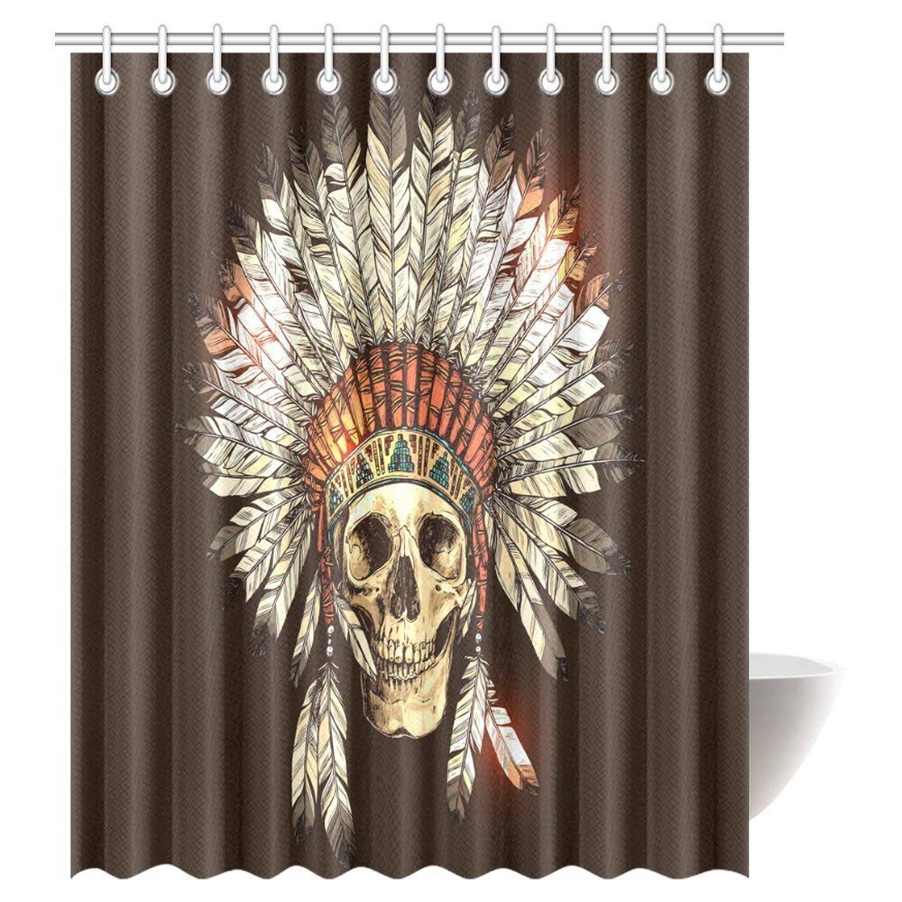 Native American Decor Shower Curtain, Skull with Tribal Indian Chief Feather Native Dead Art Print Bathroom Shower Curtain with Hooks