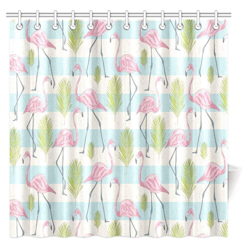 Flamingo Shower Curtain Home Decor, Ornamental Feminine Bird Design and Seamless Pink Flamingos Chevron Image Pattern Shower Curtain Set with Hooks