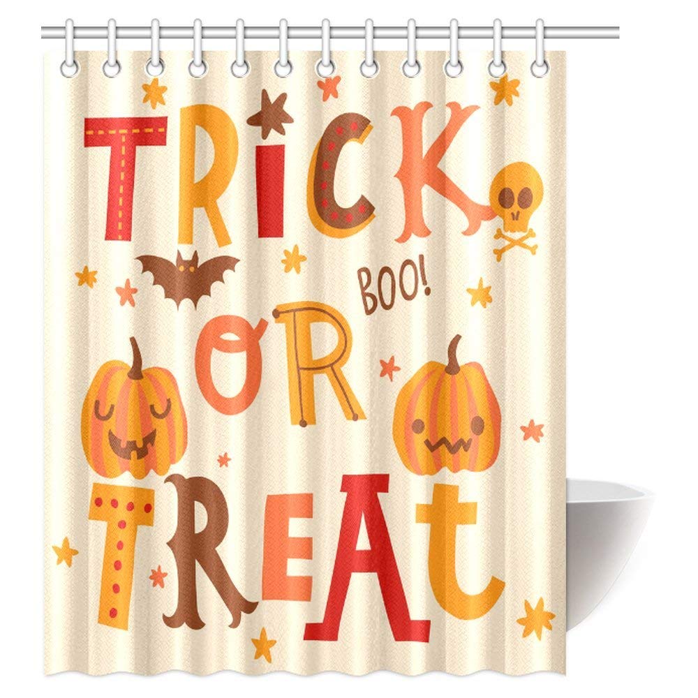 Halloween Decor Shower Curtain, Cute Trick or Treat in Cartoon Style Fabric Bathroom Shower Curtain Set with Hooks