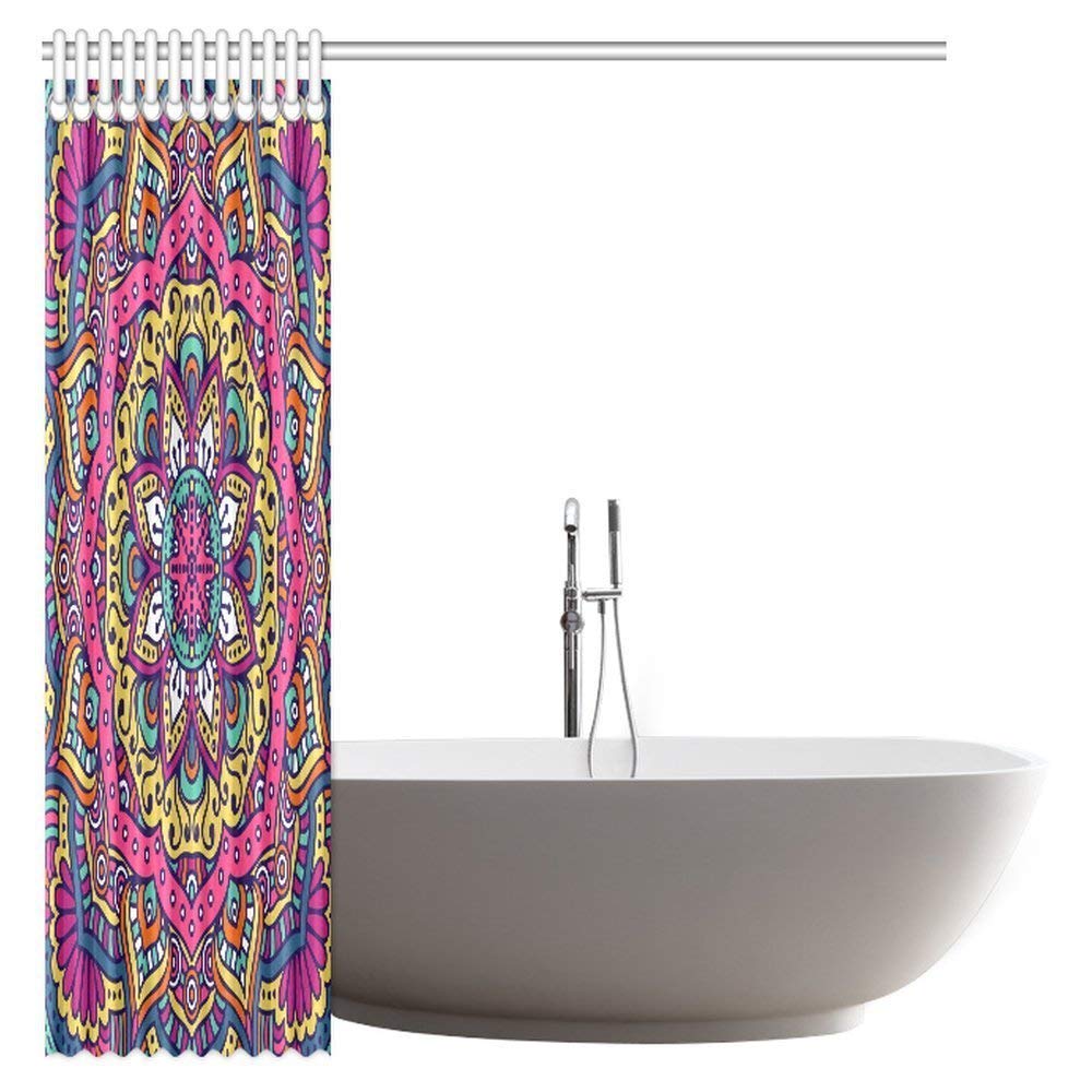 Mandala Decor Shower Curtain, Ethnic Indian Mandala Pattern Boho Home Decor Floral Nature Theme Bathroom Shower Curtain Set with Hooks