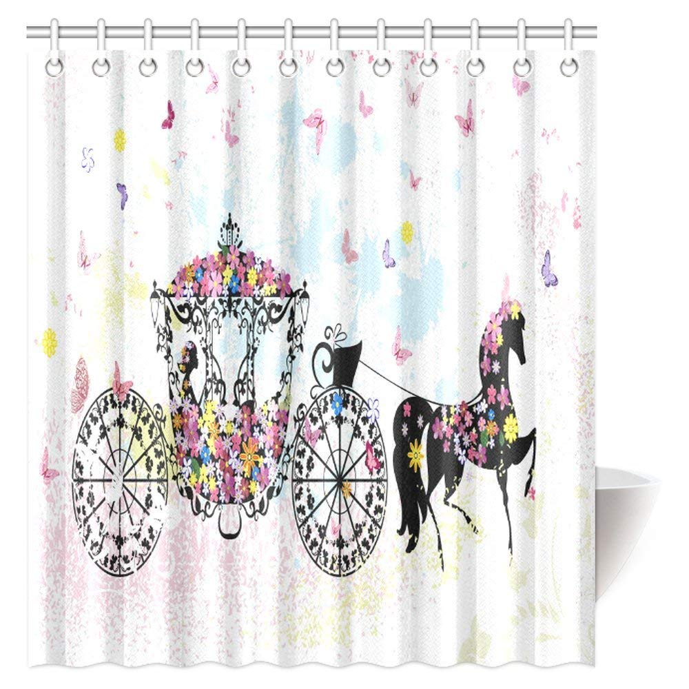 Vintage Floral Shower Curtain, Vintage Floral Carriage Black Horse Colorful Flowers Fairy Butterfly Cinderella Bathroom Shower Curtain with Hooks